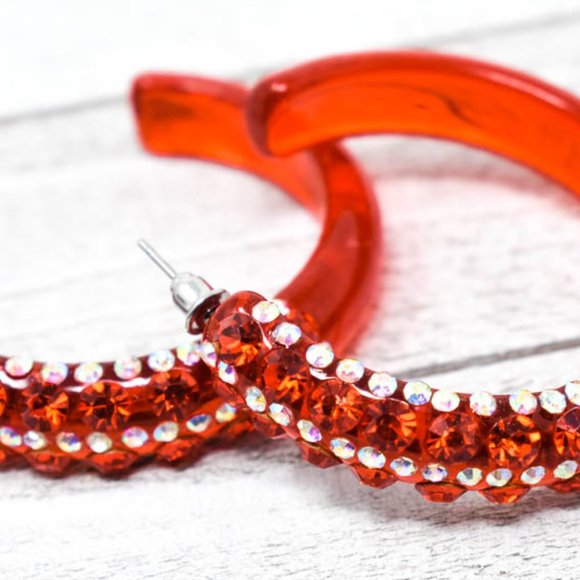 2" Clear Red AB/Red Lucite Rhinestone Hoop Earring - Picture 11 of 11